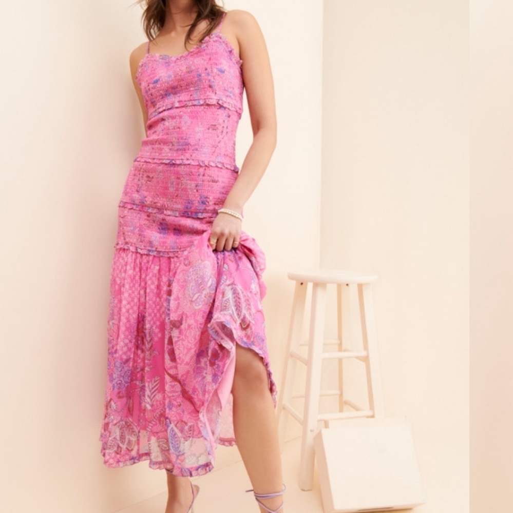 HEMANT & NANDITA Laura Smocked Pink Floral Midi Dress